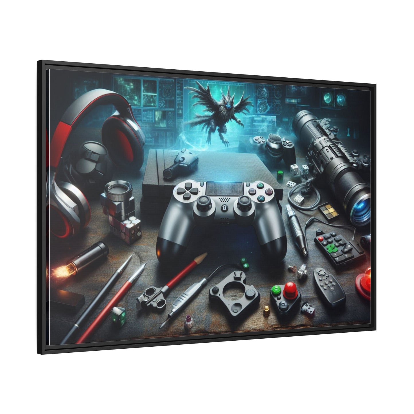 Gamer Themed Unique Framed AI Canvas Print Wall Art Video Game Lover Futuristic Digital Style Gift Cyber Geek Matrix Decor 3 frame colors