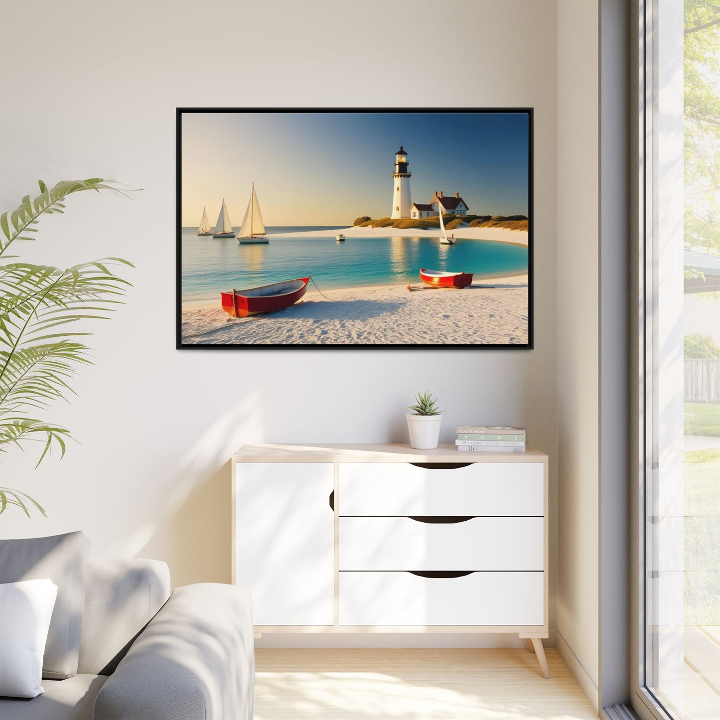 Lighthouse on the Beach Unique Framed Canvas Print Wall Art Nature Lover Gift Beachy Sailboats in the Ocean Vacation Decor 3 frame colors