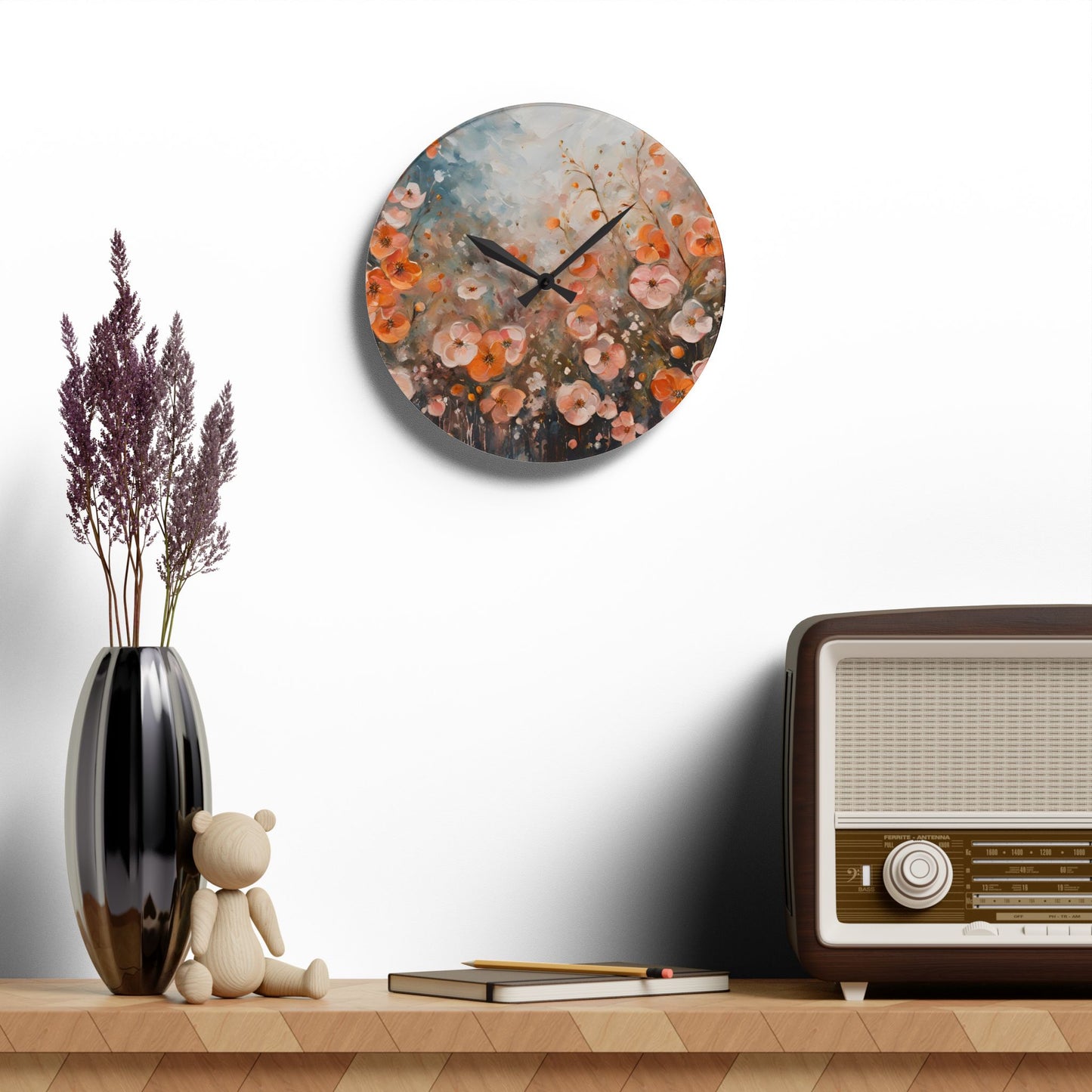 Floral Design Acrylic Clock Unique Colorful Wall Clock for Kitchen or Living Room Nature Lover Field of Flowers Gardener Gift