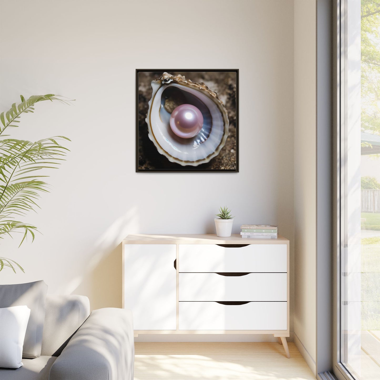 Pink Pearl in Oyster Shell Framed Canvas Wall Art Beach Lover Vacation Oceanic Gift Nature Lover Peaceful Zen Gift 3 frame colors