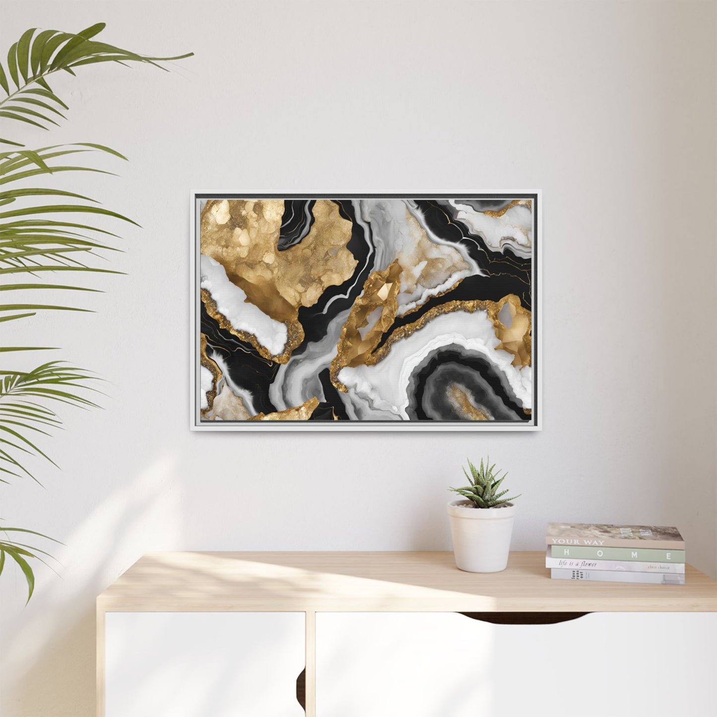 Black White and Gold Quartz Crystal Geode Design Print Matte Canvas Wall Art Nature Lover Gift Geology Rock Lover Gift 3 frame color choices