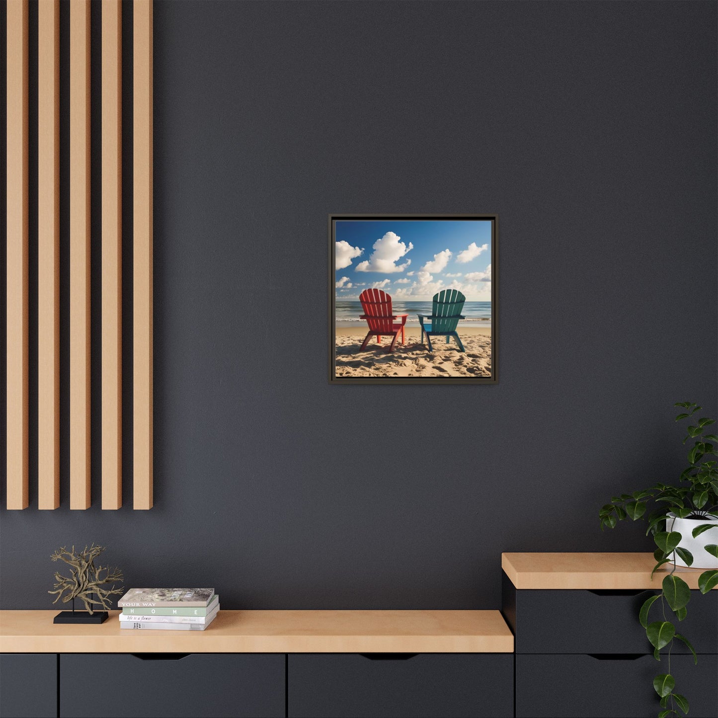 Chairs on the Beach Calm Sunny Day Framed Canvas Wall Art Beach Lover Vacation Oceanic Gift Nature Lover Peaceful Zen Gift 3 frame colors