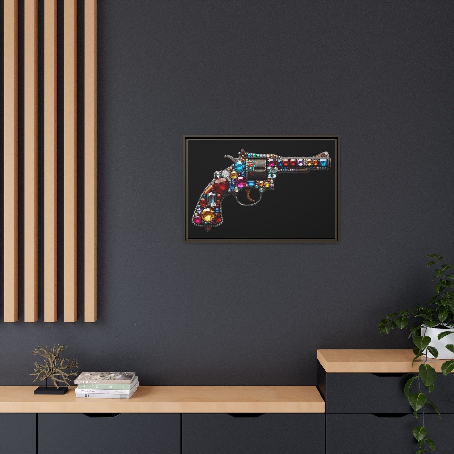 Bejeweled Revolver Print AI Design Unique Framed Canvas Print Wall Art Gun Lover Gift Edgy Glam Fantasy Weapon Decor 3 frame colors