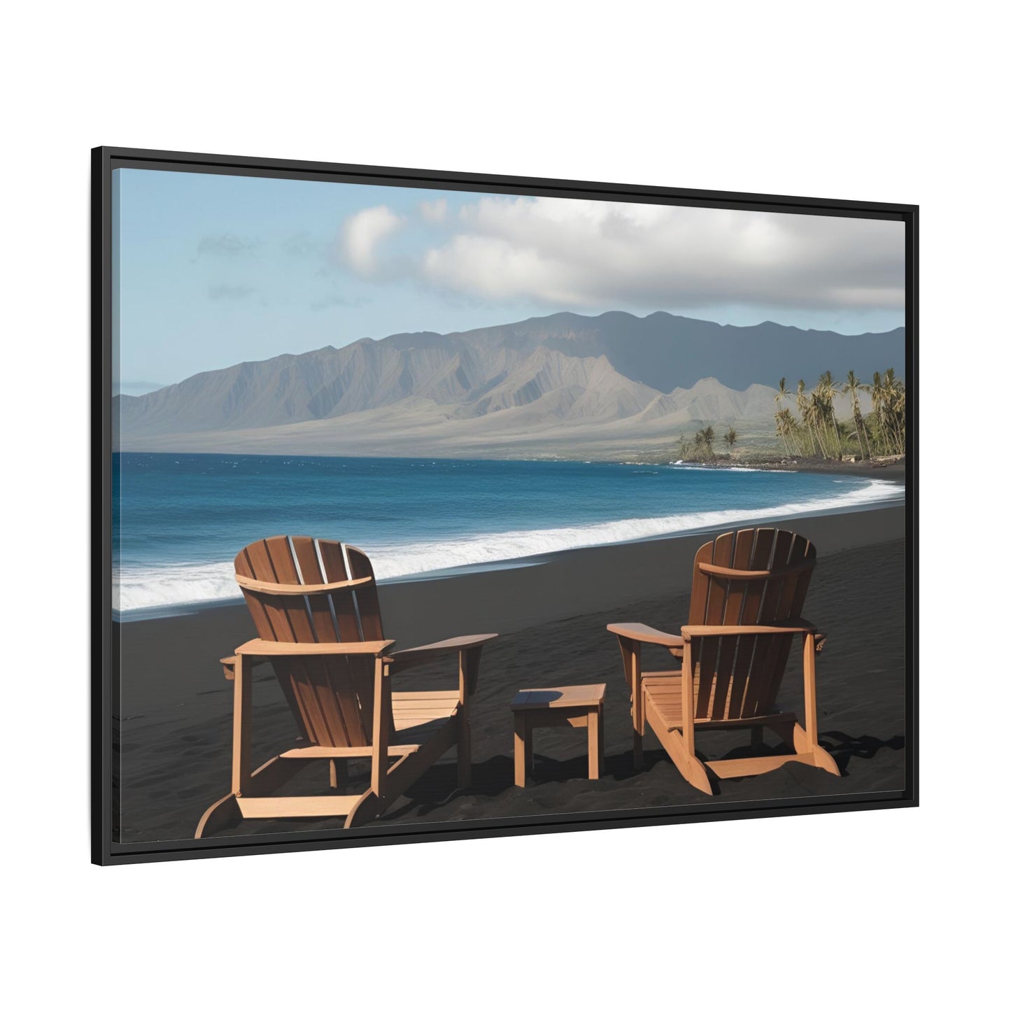 Chairs on the Maui Black Sand Beach Print Unique Framed Canvas Print Wall Art Gift Beachy Nature Lover Ocean Waves Decor 3 frame colors