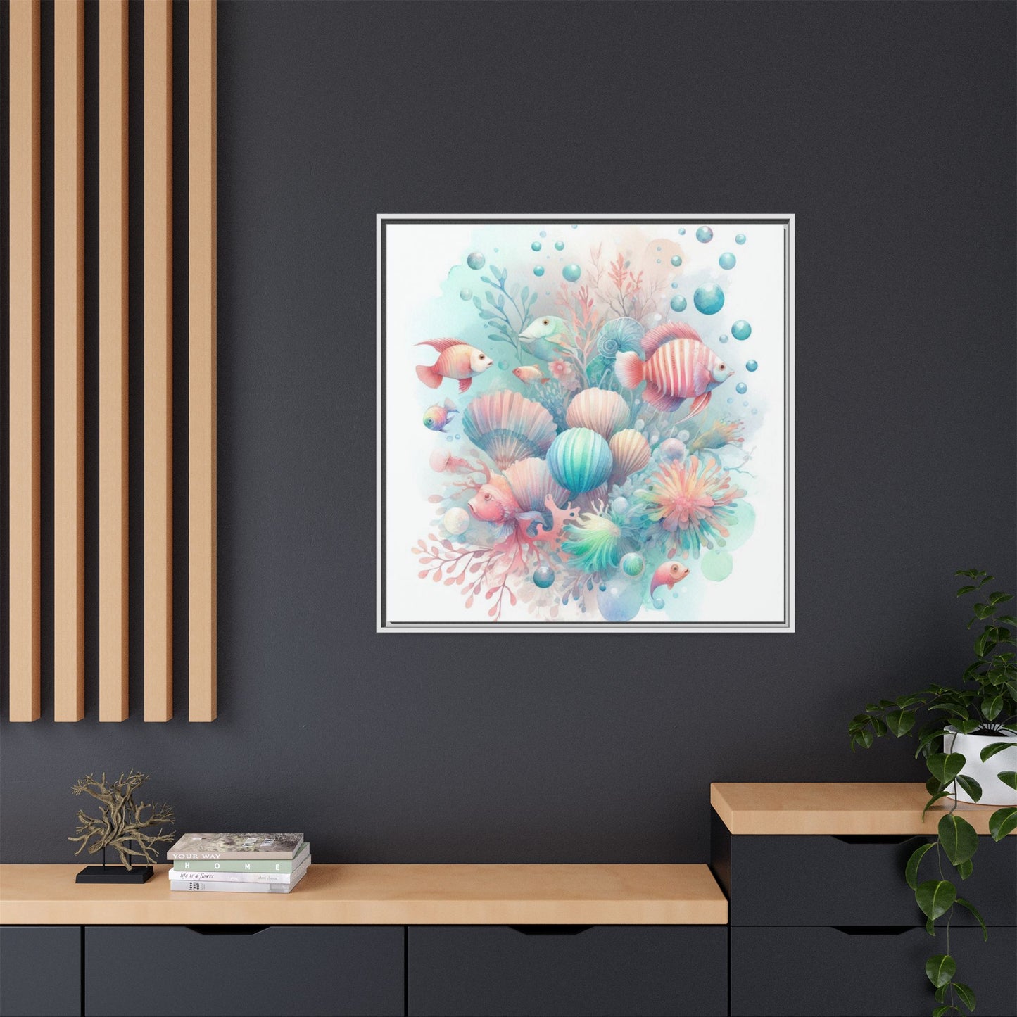 Whimsical Nursery Decor Pastel Underwater Design Unique Sweet Baby Room Framed Canvas Ocean Fish Print Unisex Baby Shower Coral Reef Gift