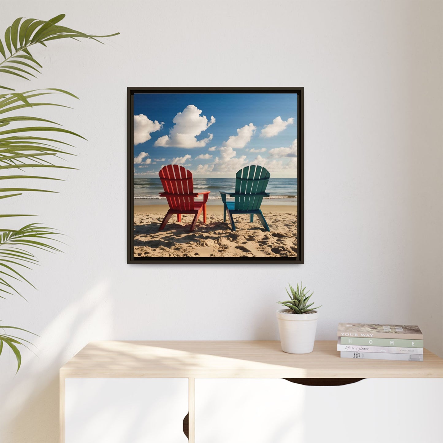 Chairs on the Beach Calm Sunny Day Framed Canvas Wall Art Beach Lover Vacation Oceanic Gift Nature Lover Peaceful Zen Gift 3 frame colors