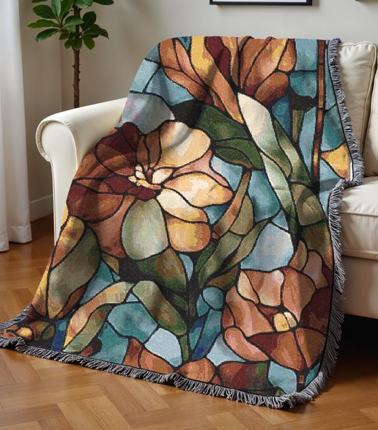 Floral Design Cozy Reading Throw for Book Lovers Cotton Woven Fringed Picnic Blanket Wall Art