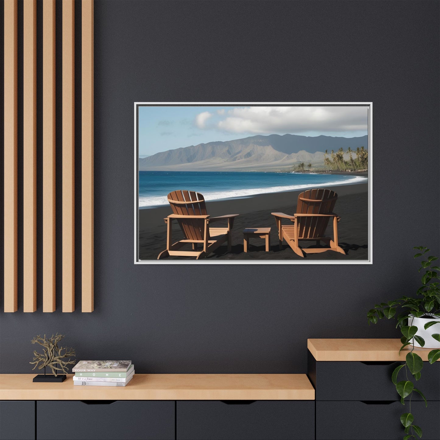 Chairs on the Maui Black Sand Beach Print Unique Framed Canvas Print Wall Art Gift Beachy Nature Lover Ocean Waves Decor 3 frame colors