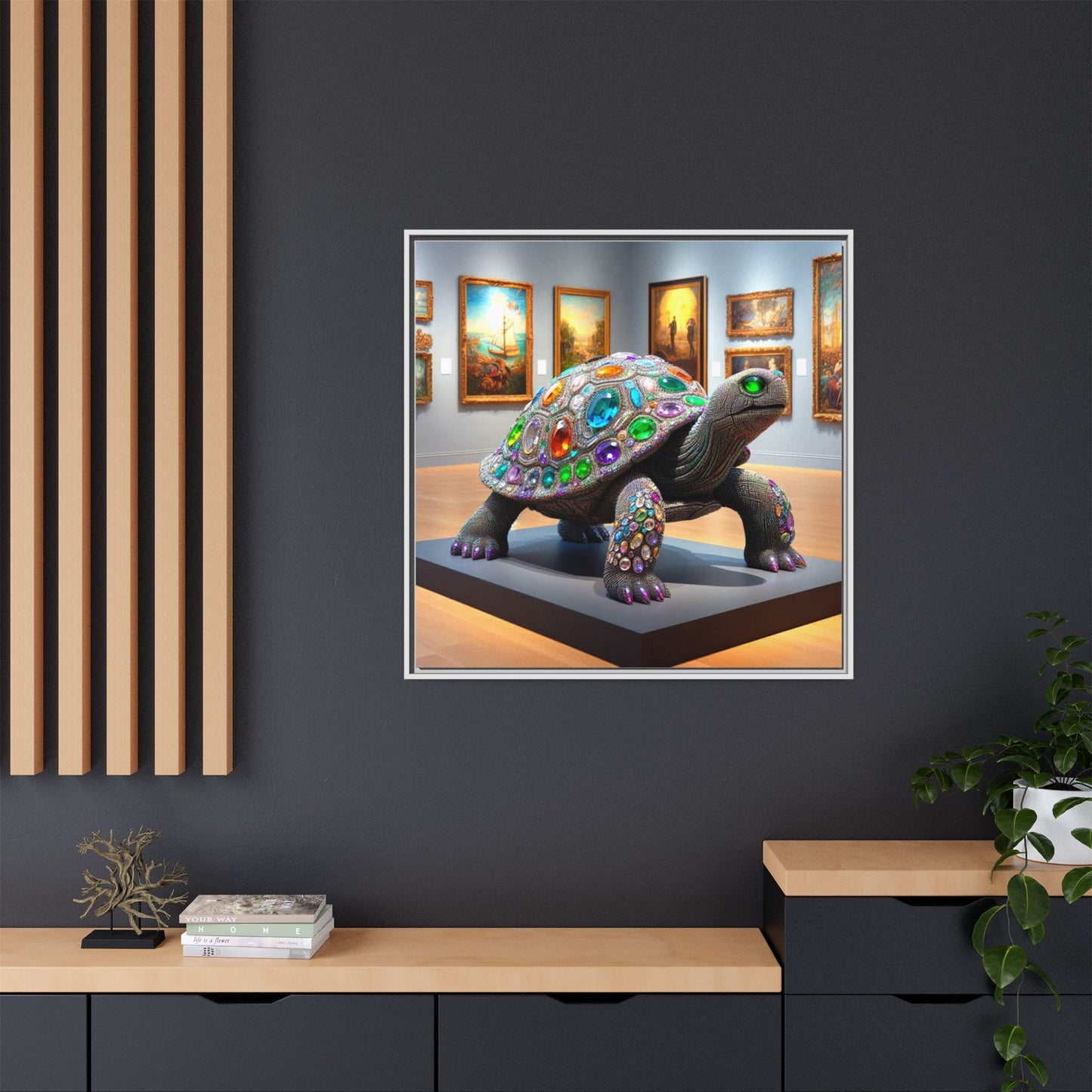 Bejeweled Turtle Framed Canvas Print Wall Art Unique Fashion Designer Haute Couture Fashionista Animal Lover Gift Decor 3 Frame Colors