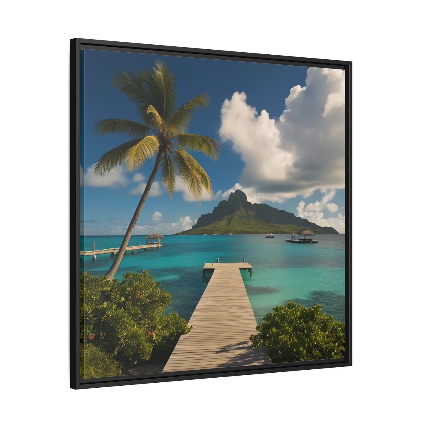 Tropical Island Calm Sunny Day Framed Canvas Wall Art Volcano Beach Vacation Oceanic Gift Nature Lover Peaceful Zen Gift 3 frame colors