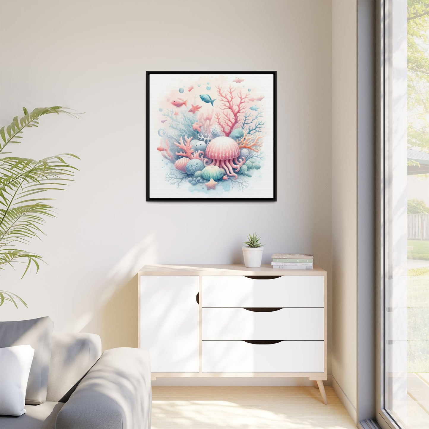 Whimsical Nursery Decor Pastel Underwater Design Unique Sweet Baby Room Framed Canvas Ocean Fish Print Unisex Baby Shower Sea Urchin Gift