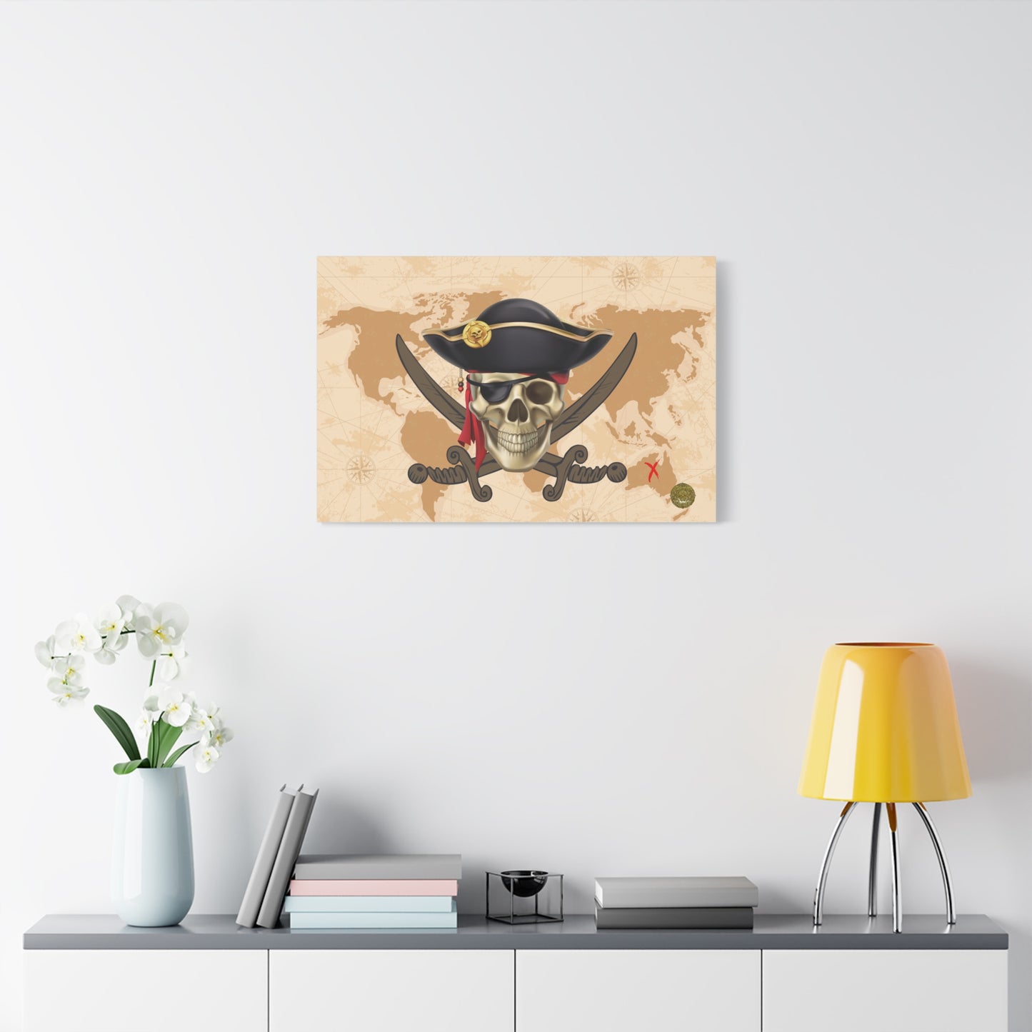 Jolly Roger Pirate Print Wall Art | Matte Canvas, Stretched, 1.25" | Nautical Themed Swords and Skull Anime Print