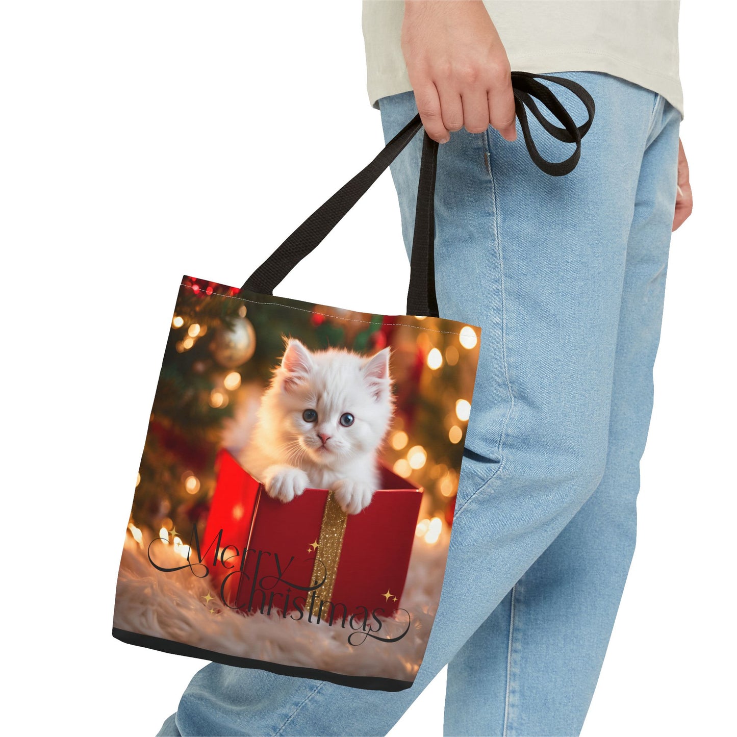 Christmas Kitten Tote Bag Holiday Cheer Gift Glam Winter Accessory Reusable Snowy Winter Town Shopping Bag Xmas Joy Unisex Bag for Him Her
