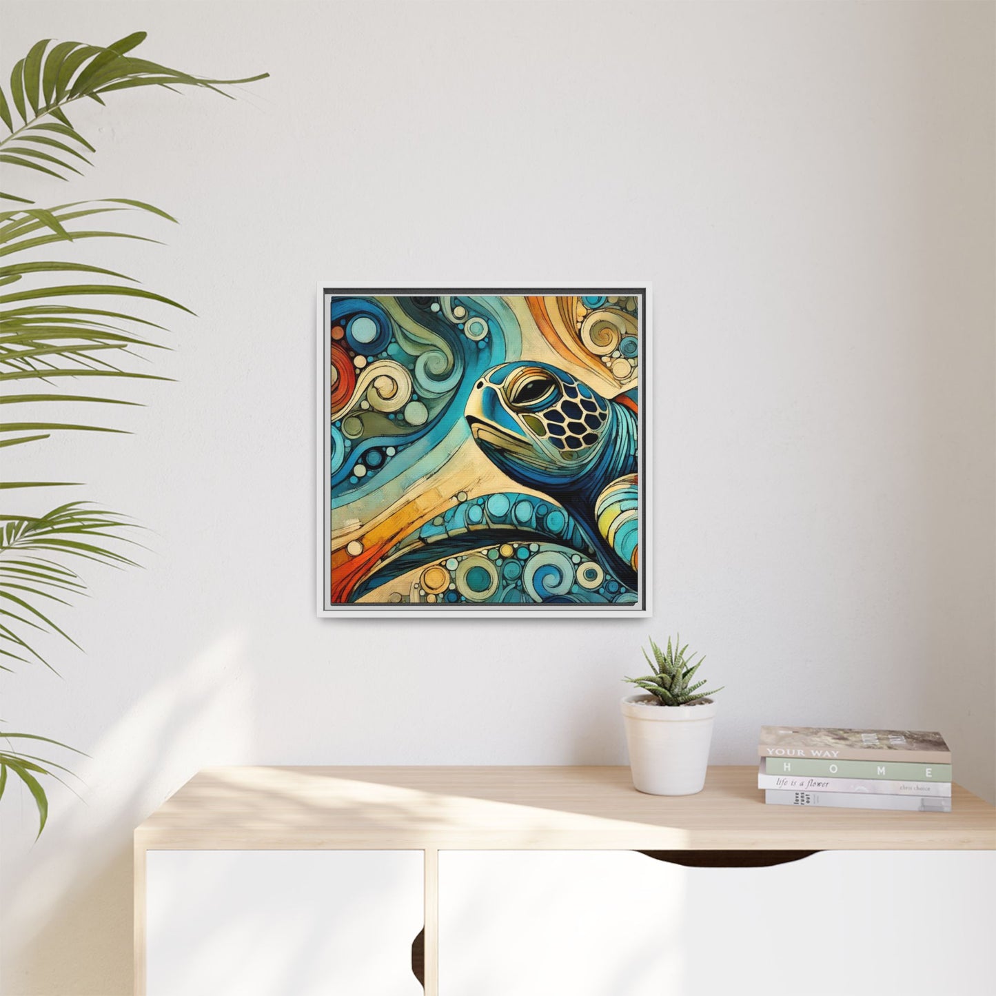 Modern Sea Turtle Print Abstract Design Unique Framed Canvas Print Oceanic Wall Art Animal Lover Gift Nature Lover Decor 3 frame colors