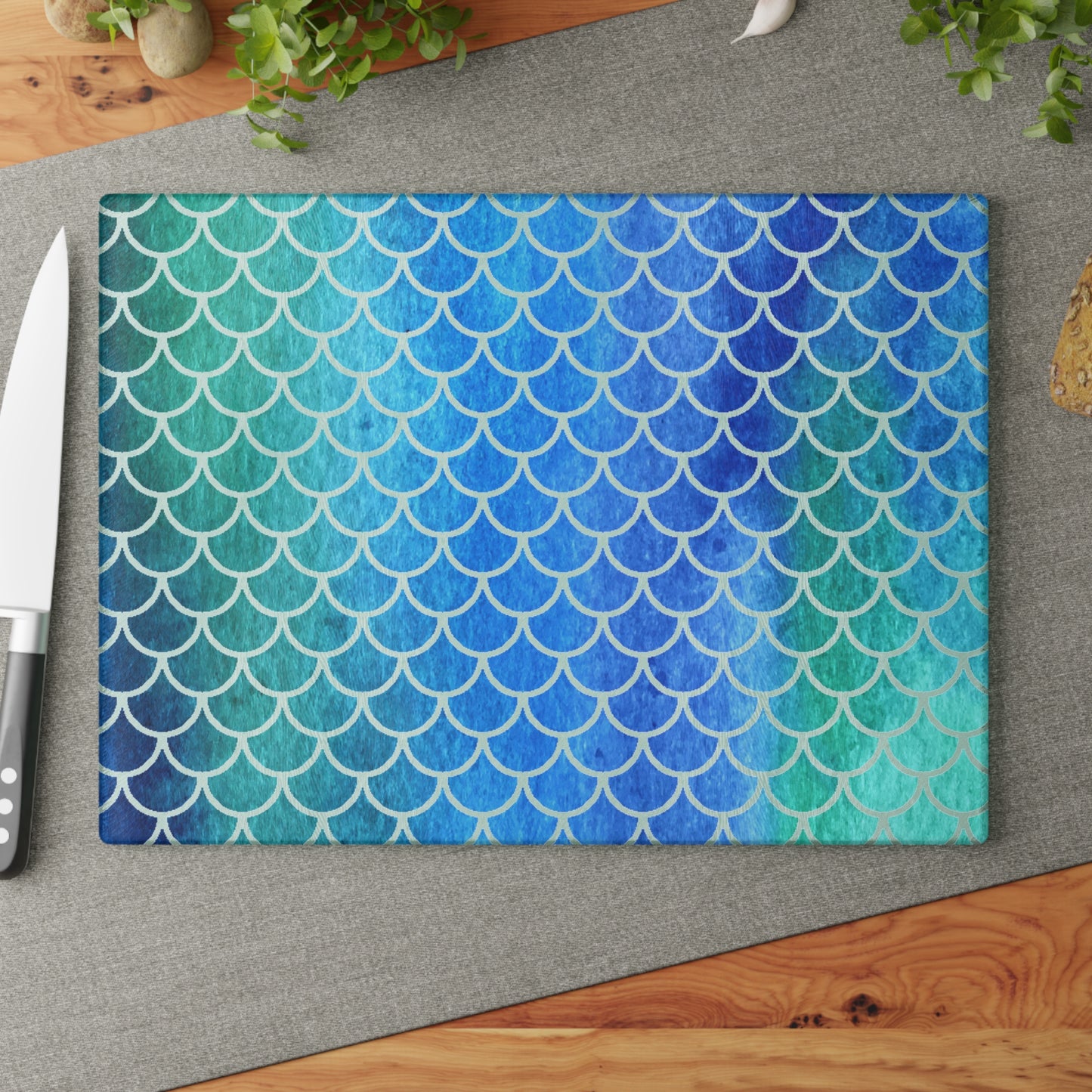 Beachy Kitchen Decor Glass Cutting Board Serving Tray with Fish Scale Design Cutting Board Gift for Home Cook Fun Charcuterie Board