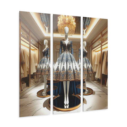 Fashion Formal Runway Damask Dress Design Triptych 3-Panel Acrylic Print Wall Art Unique Haute Couture Fashionista Vintage Style Decor
