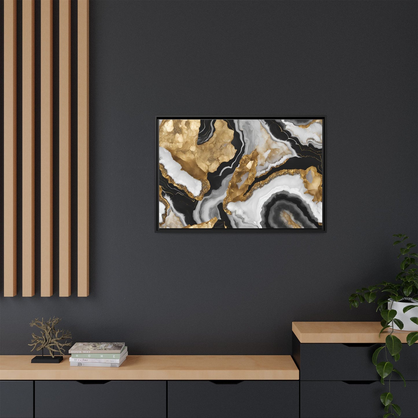 Black White and Gold Quartz Crystal Geode Design Print Matte Canvas Wall Art Nature Lover Gift Geology Rock Lover Gift 3 frame color choices