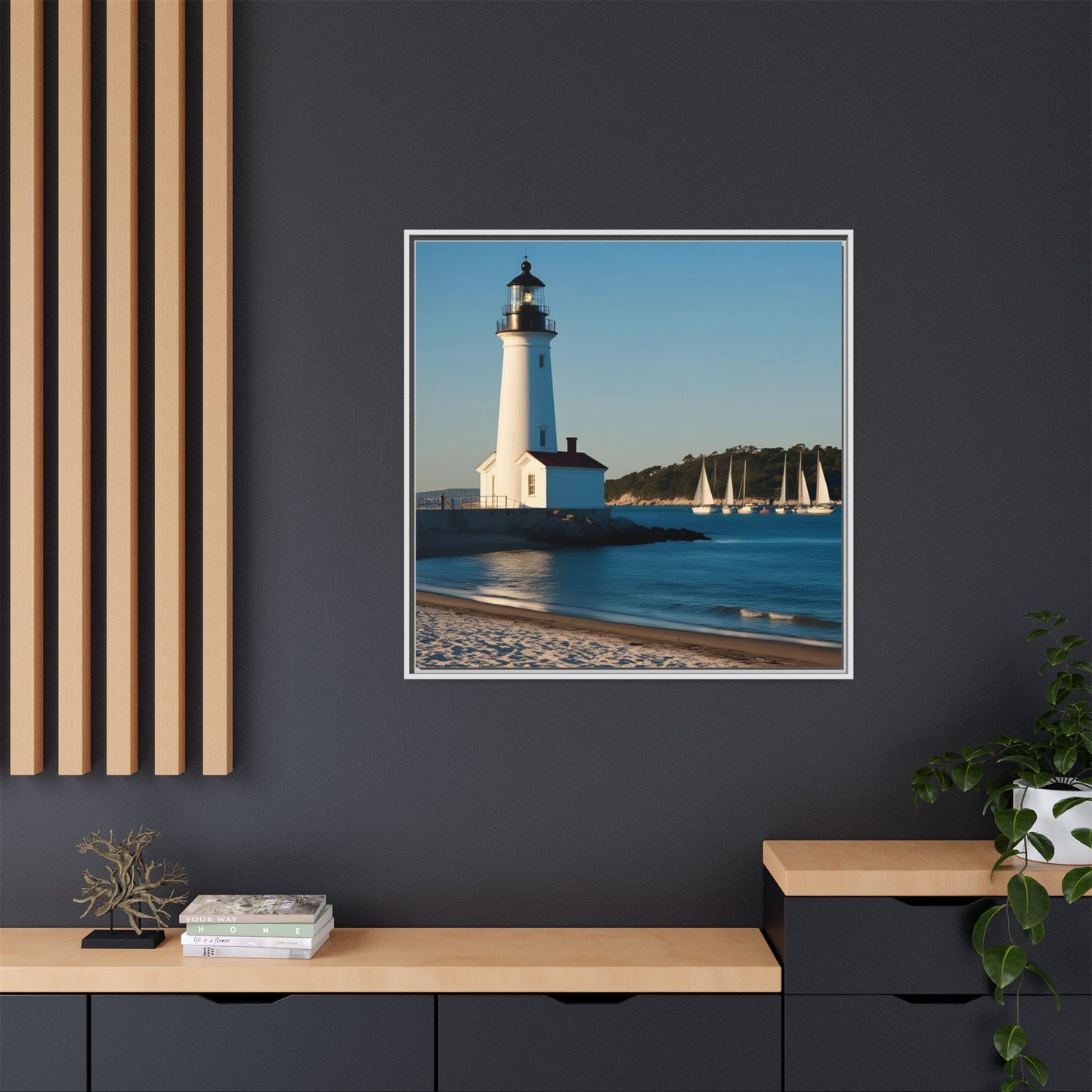 Lighthouse on the Beach Unique Framed Canvas Print Wall Art Nature Lover Gift Beachy Sailboats in the Ocean Vacation Decor 3 frame colors