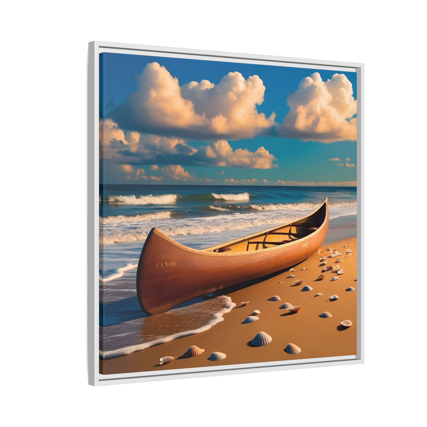 Canoe on the Beach Calm Sunny Day Framed Canvas Wall Art Beach Lover Vacation Oceanic Gift Nature Lover Peaceful Zen Gift 3 frame colors