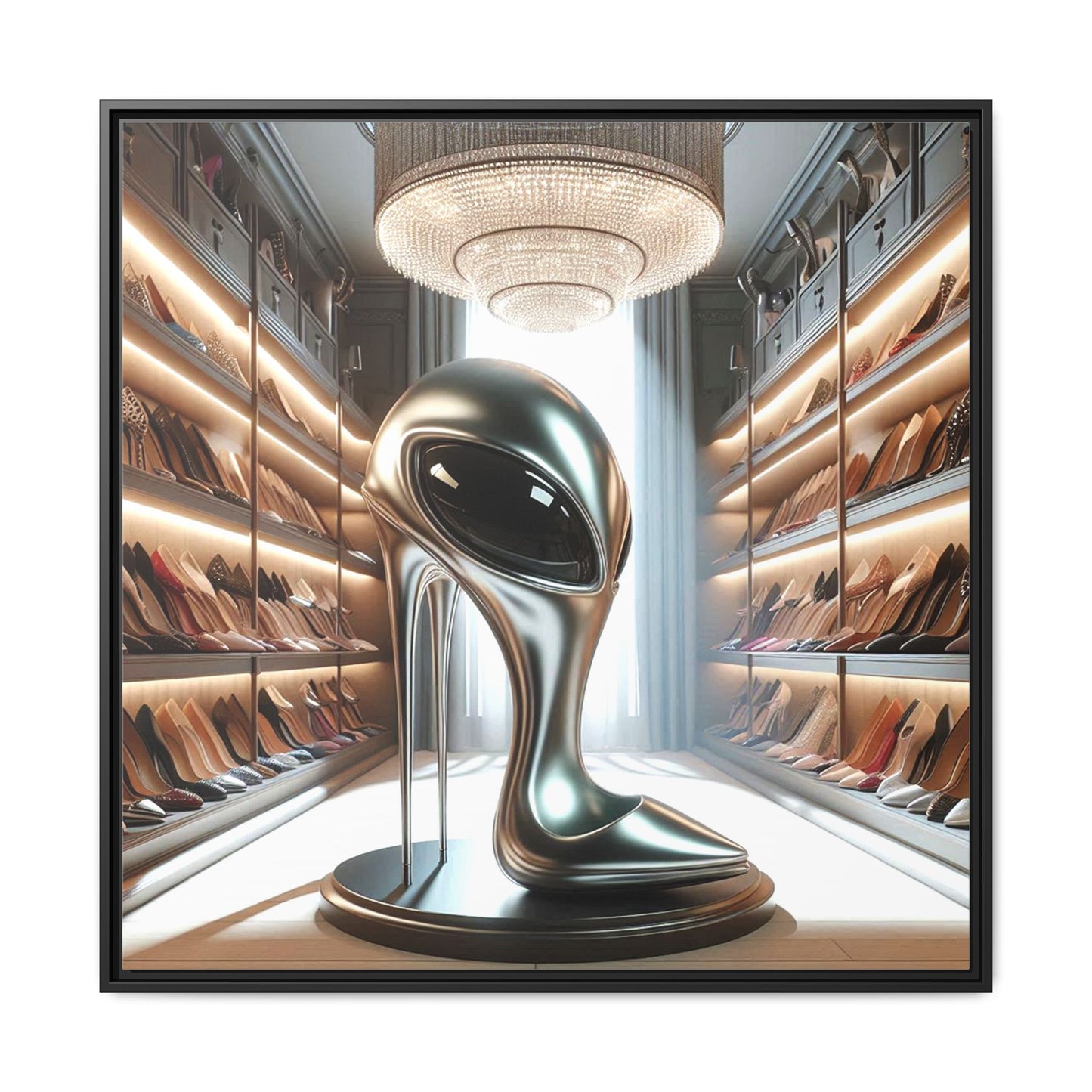 Alien High Heel Shoe Framed Canvas Print Wall Art Unique Fashion Designer Style Haute Couture Shoe Lover Fashionista Decor 3 Frame Colors