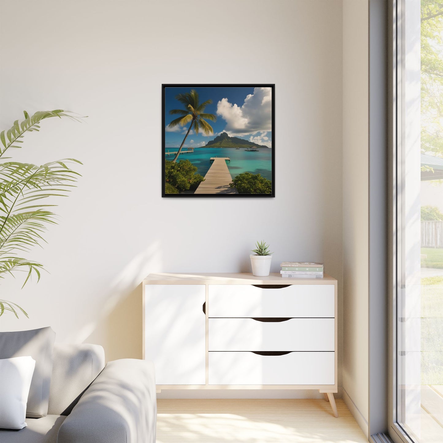 Tropical Island Calm Sunny Day Framed Canvas Wall Art Volcano Beach Vacation Oceanic Gift Nature Lover Peaceful Zen Gift 3 frame colors