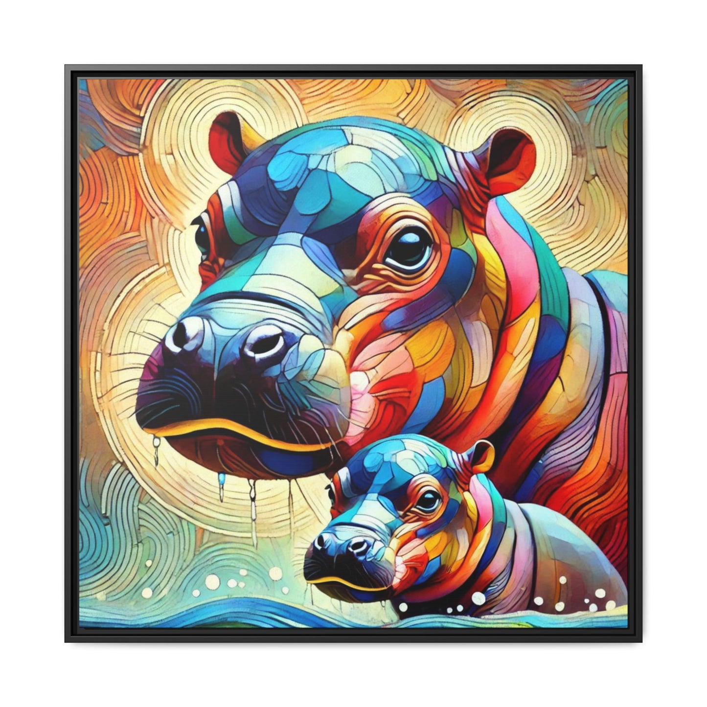 Modern Hippo Print Abstract Design Unique Framed Canvas Print Baby Hippo Wall Art Animal Lover Gift Nature Lover Decor 3 frame colors