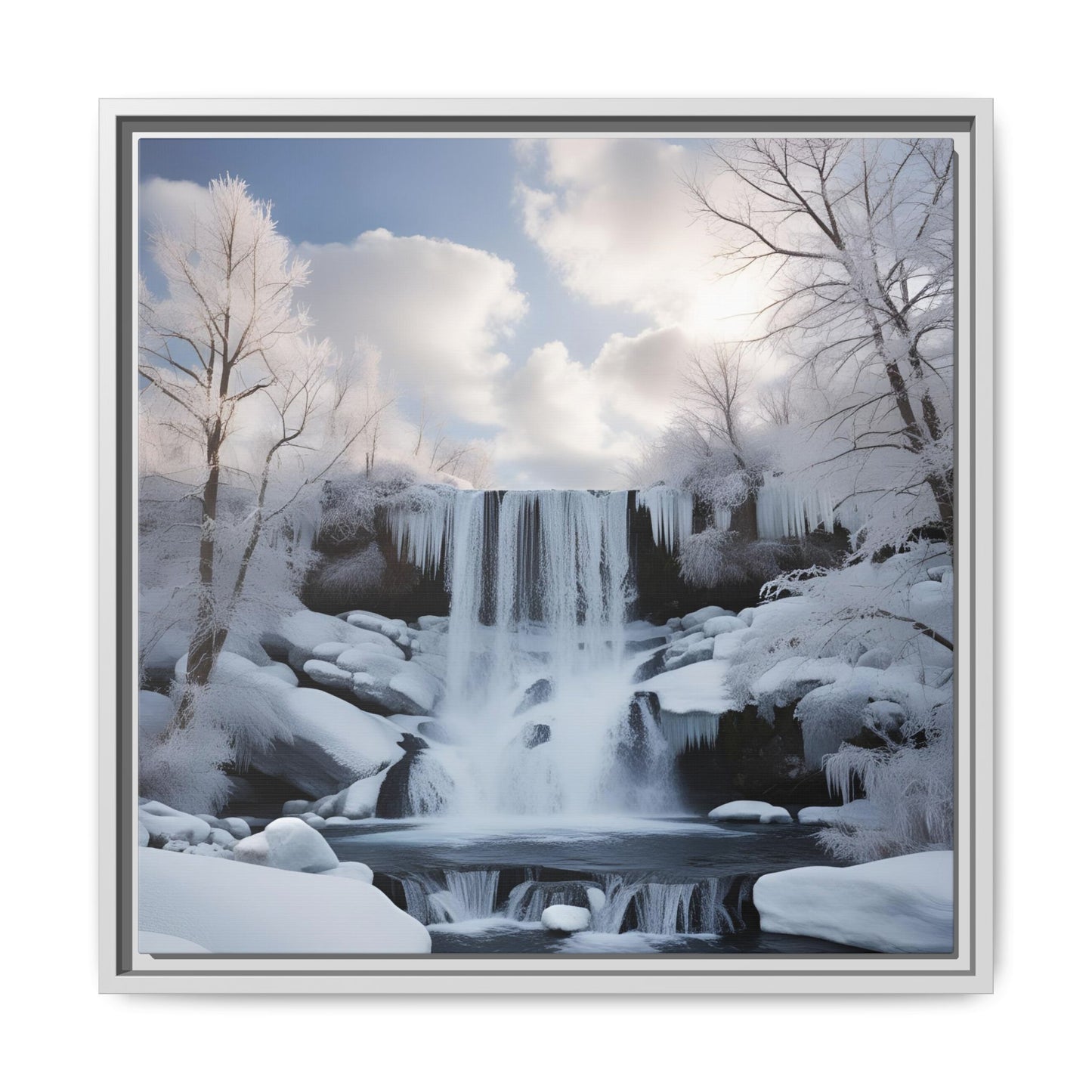 Modern Snowy Waterfall Design Unique Framed Canvas Wall Art Winter Scene Nature Lover Gift Mountain Landscape Decor Gift 3 frame colors