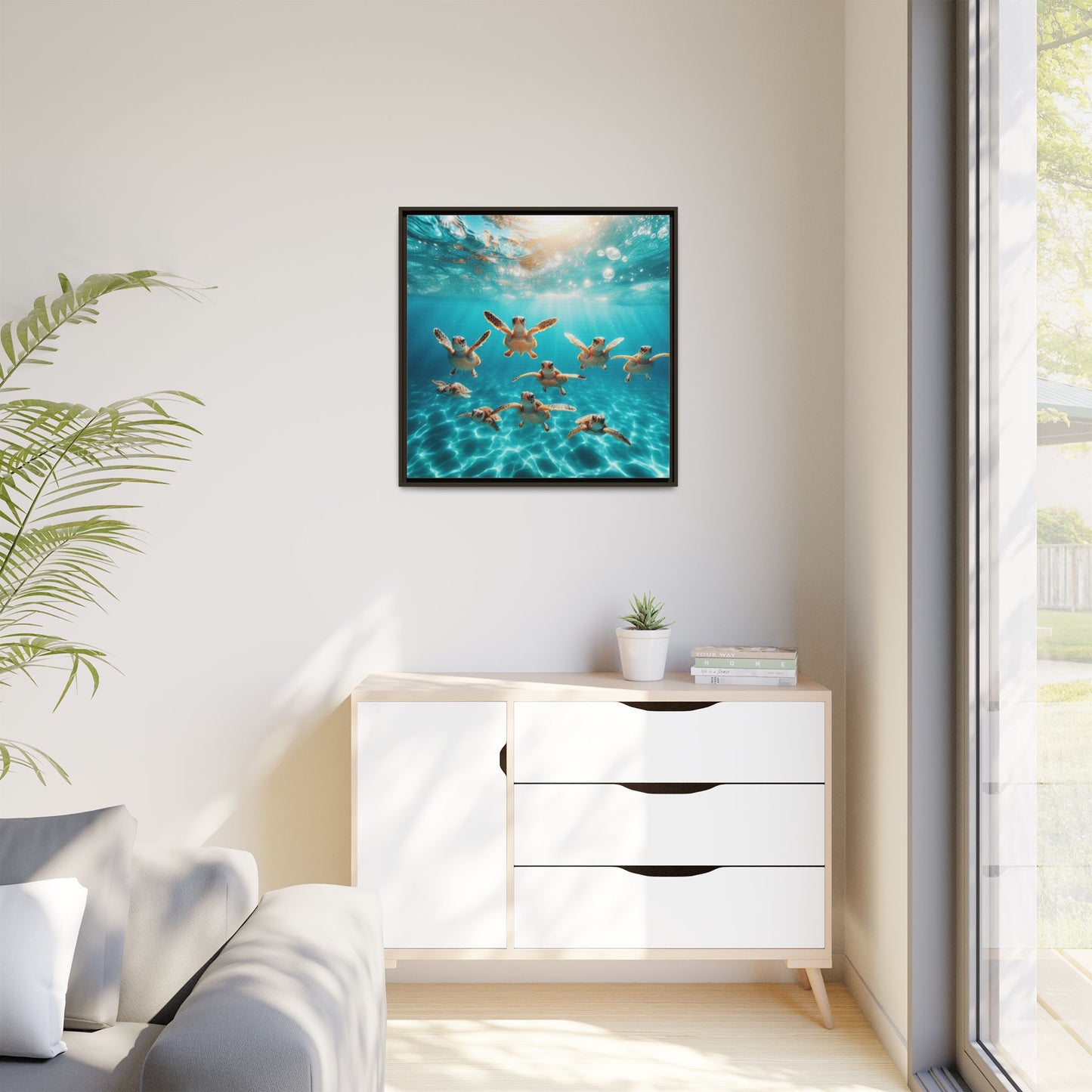 Baby Sea Turtles Out for a Swim Framed Canvas Wall Art Beach Lover Vacation Oceanic Gift Nature Lover Peaceful Zen Gift 3 frame colors