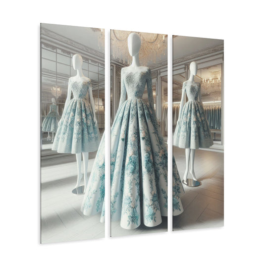 Fashion Formal Runway Damask Dress Design Triptych 3-Panel Acrylic Print Wall Art Unique Haute Couture Fashionista Vintage Style Decor