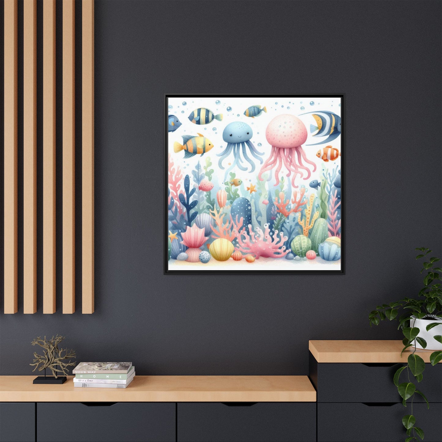 Whimsical Nursery Decor Pastel Underwater Design Unique Sweet Baby Room Framed Canvas Ocean Fish Print Unisex Baby Shower Octopus Gift