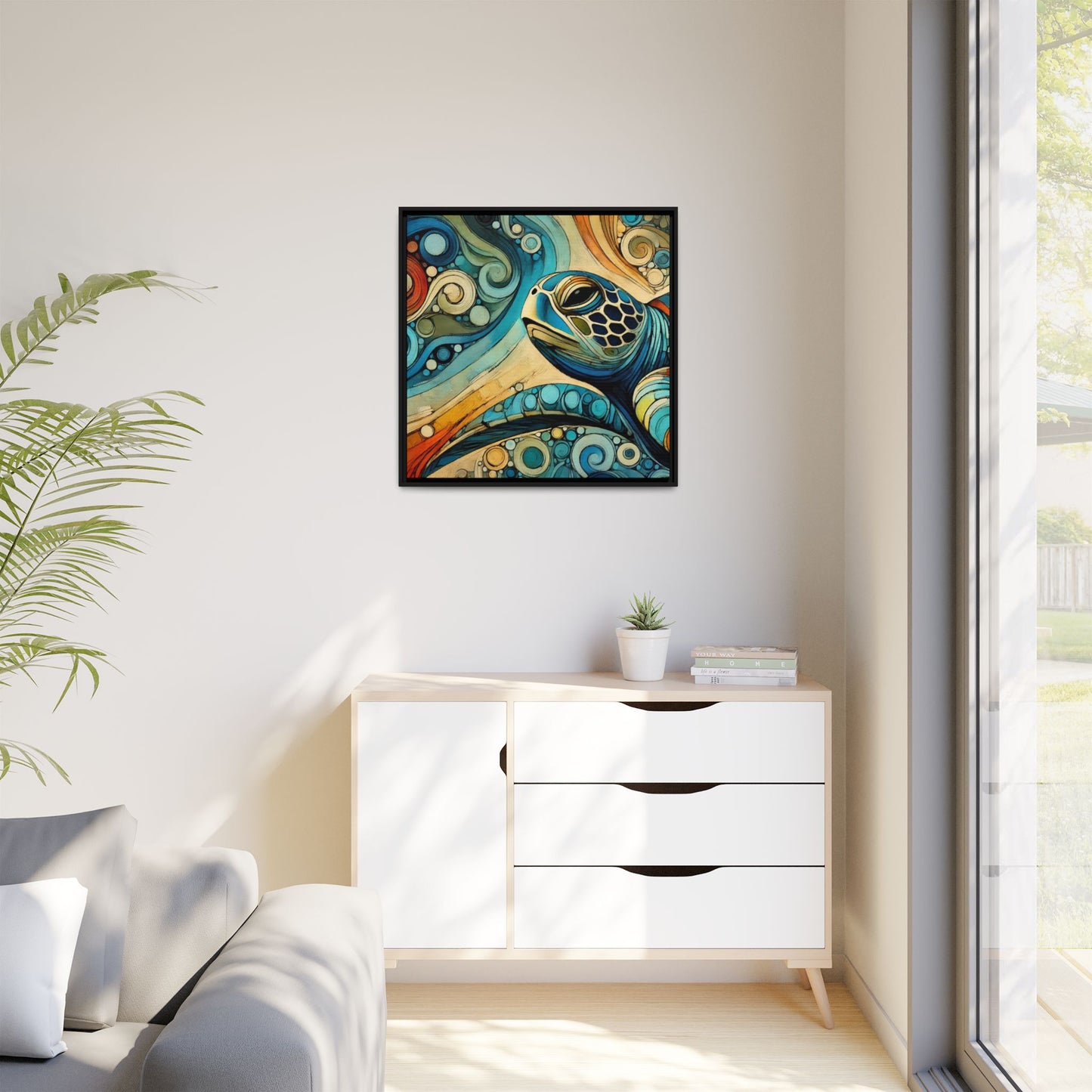 Modern Sea Turtle Print Abstract Design Unique Framed Canvas Print Oceanic Wall Art Animal Lover Gift Nature Lover Decor 3 frame colors