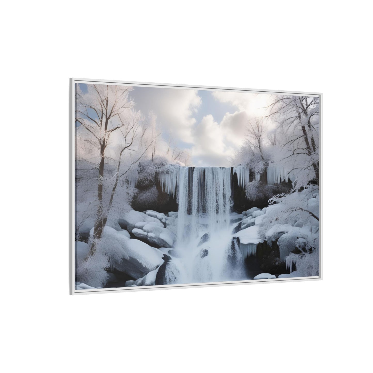 Modern Snowy Waterfall Design Unique Framed Canvas Wall Art Winter Scene Nature Lover Gift Mountain Landscape Decor Gift 3 frame colors