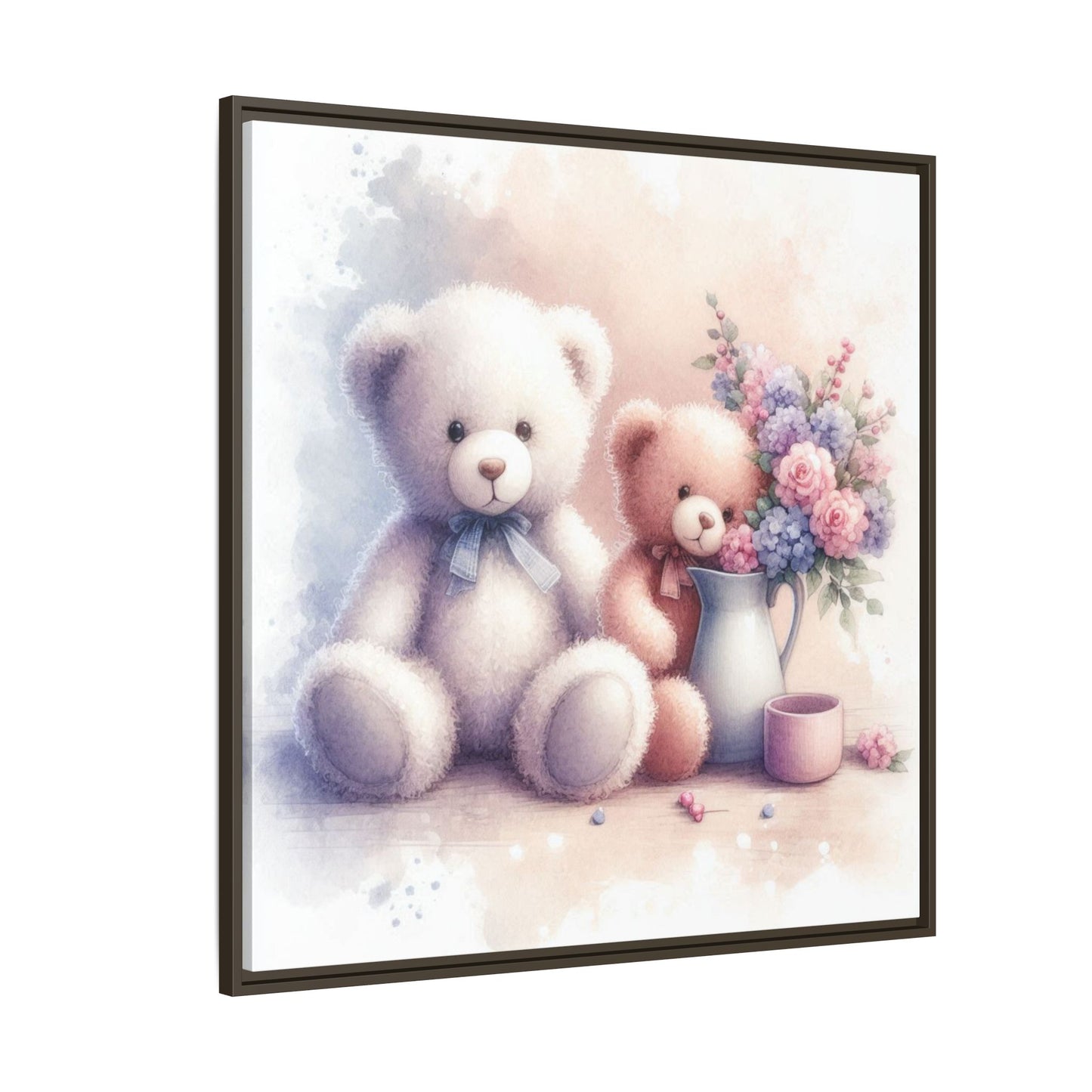 Whimsical Nursery Decor Pastel Floral Teddy Bear Design Wall Art Unique Sweet Baby Room Framed Canvas Print Unisex Baby Shower Gift