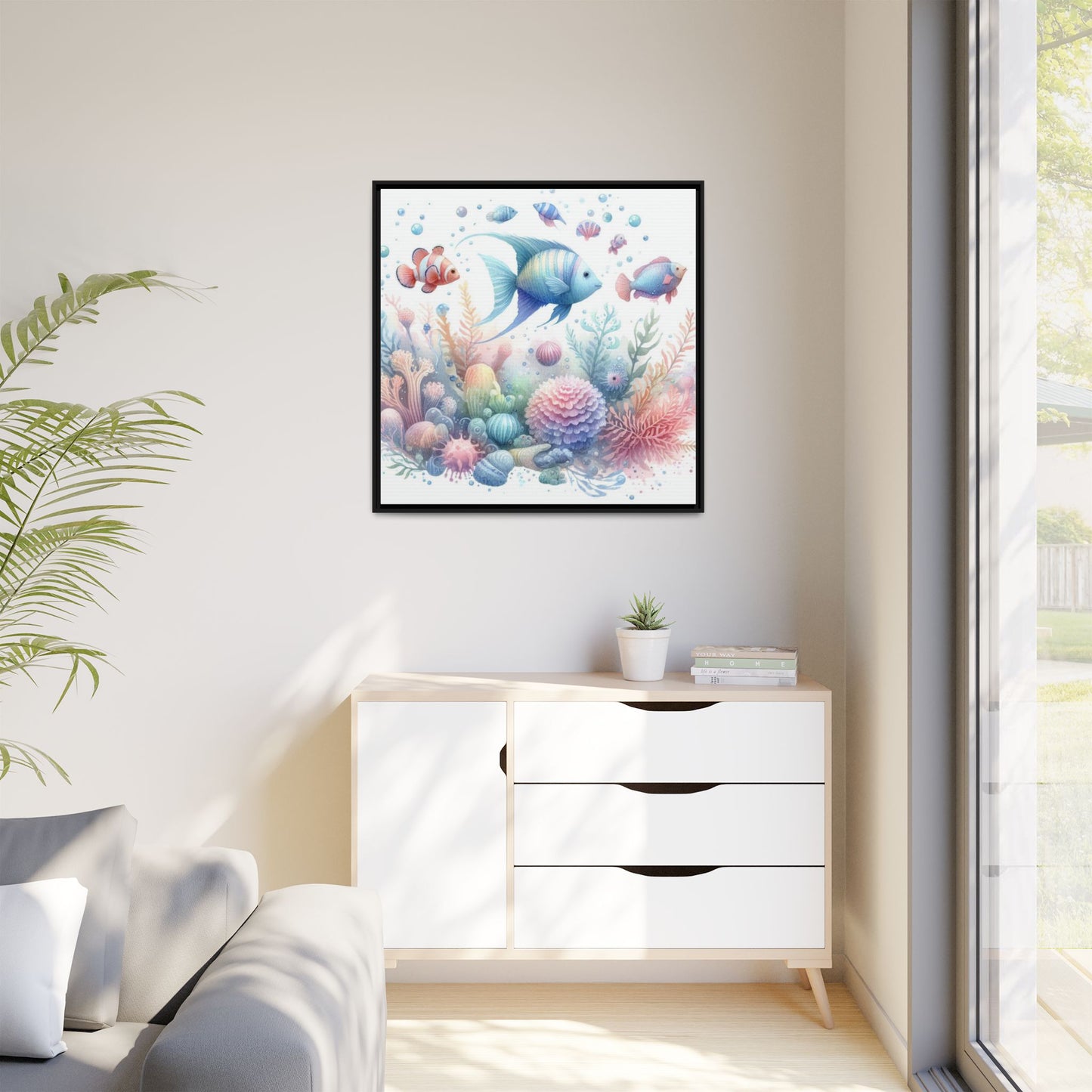 Whimsical Nursery Decor Pastel Underwater Design Unique Sweet Baby Room Framed Canvas Ocean Fish Print Unisex Baby Shower Octopus Gift