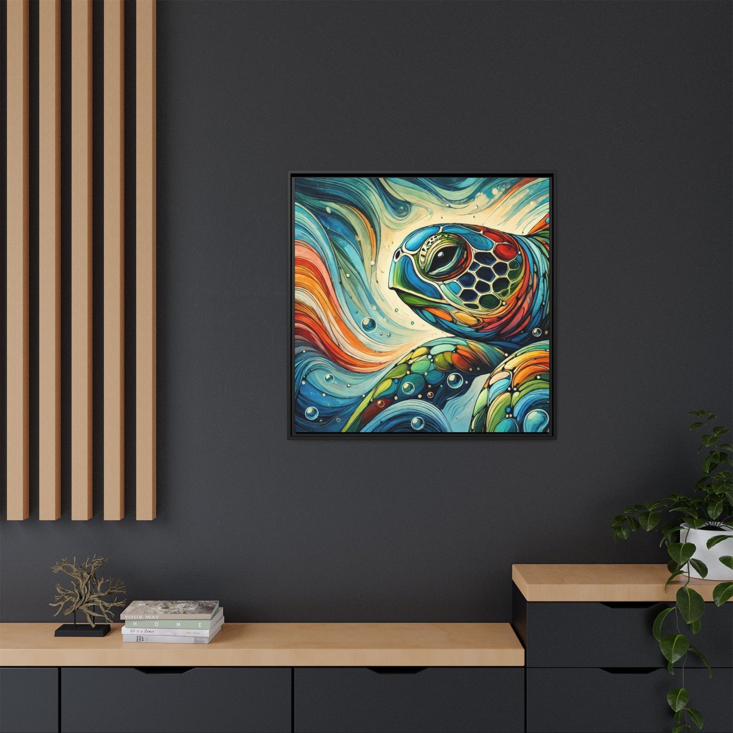 Modern Sea Turtle Print Abstract Design Unique Framed Canvas Print Oceanic Wall Art Animal Lover Gift Nature Lover Decor 3 frame colors