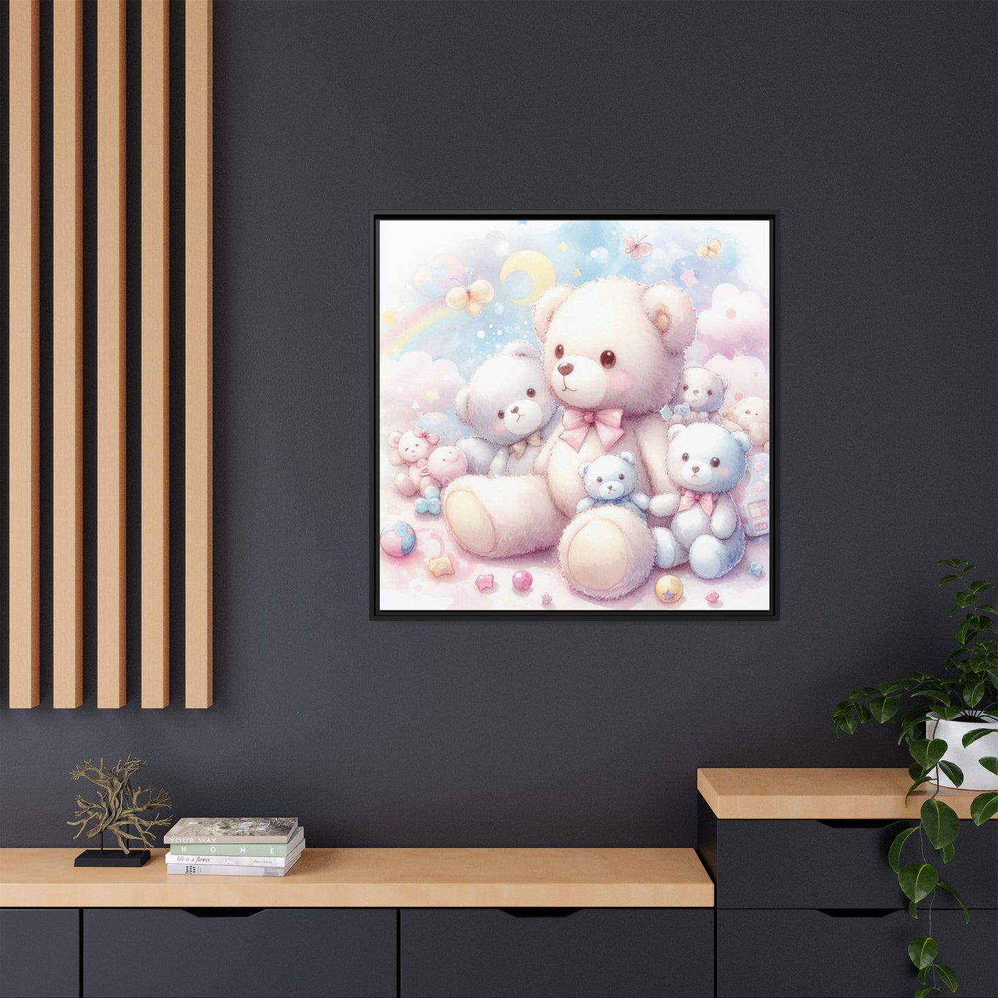 Whimsical Nursery Decor Pastel Floral Teddy Bear Design Wall Art Unique Sweet Baby Room Framed Canvas Print Unisex Baby Shower Gift
