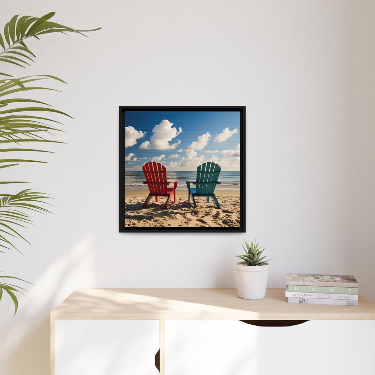 Chairs on the Beach Calm Sunny Day Framed Canvas Wall Art Beach Lover Vacation Oceanic Gift Nature Lover Peaceful Zen Gift 3 frame colors