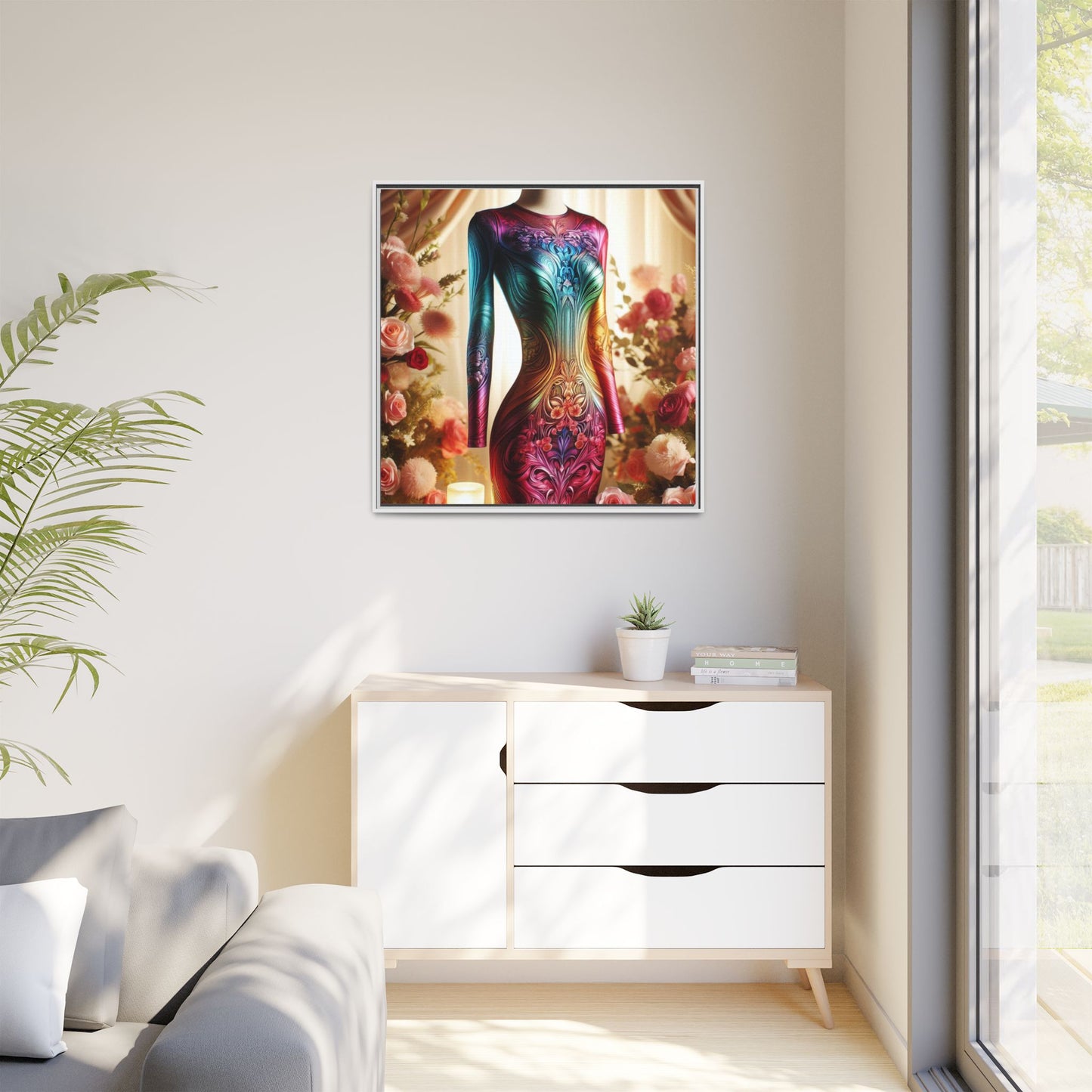 Futuristic Bodycon Runway Dress Framed Canvas Print Wall Art Unique Fashion Designer Style Haute Couture Fashionista Gift 3 Frame Colors