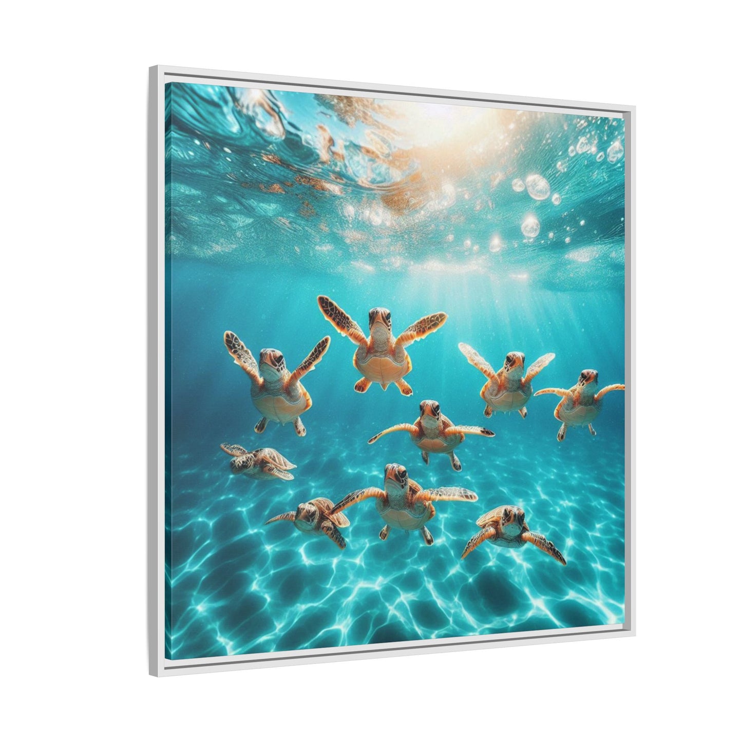 Baby Sea Turtles Out for a Swim Framed Canvas Wall Art Beach Lover Vacation Oceanic Gift Nature Lover Peaceful Zen Gift 3 frame colors
