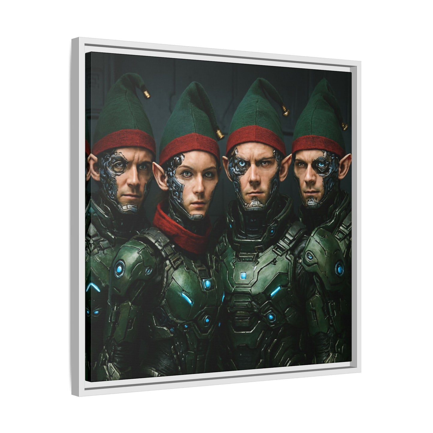 Cyber-Elves Print Modern AI Elf Design Unique Framed Canvas Sci-Fi Print Funny Christmas Elf Wall Art Gamer Gift Decor 3 frame colors