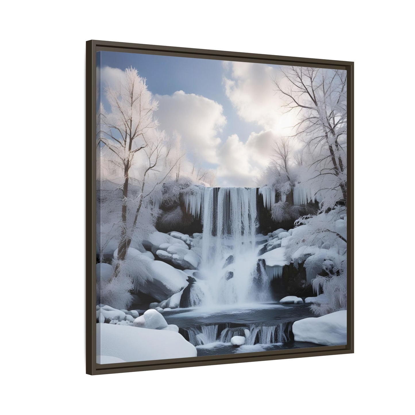 Modern Snowy Waterfall Design Unique Framed Canvas Wall Art Winter Scene Nature Lover Gift Mountain Landscape Decor Gift 3 frame colors