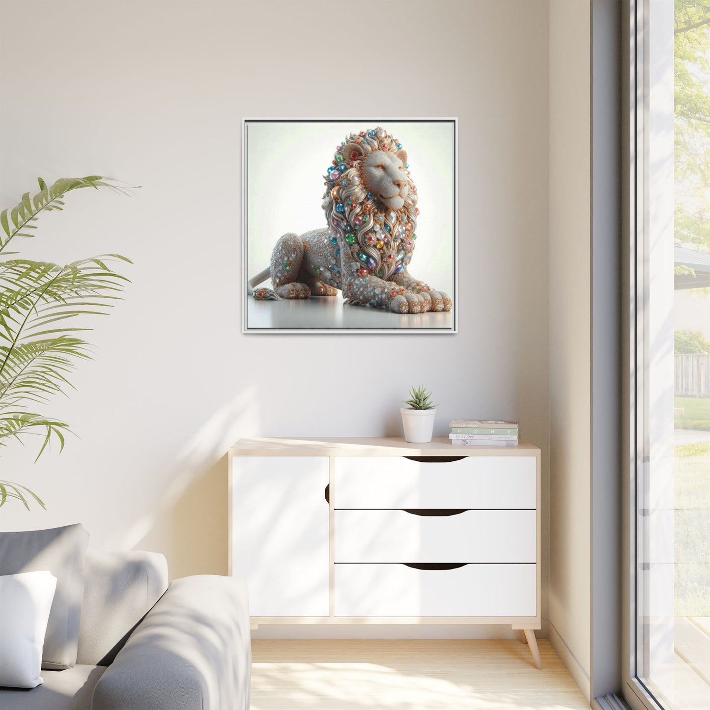 Bejeweled Lion Framed Canvas Print Wall Art Unique Fashion Designer Haute Couture Fashionista Animal Lover Gift Decor 3 Frame Colors