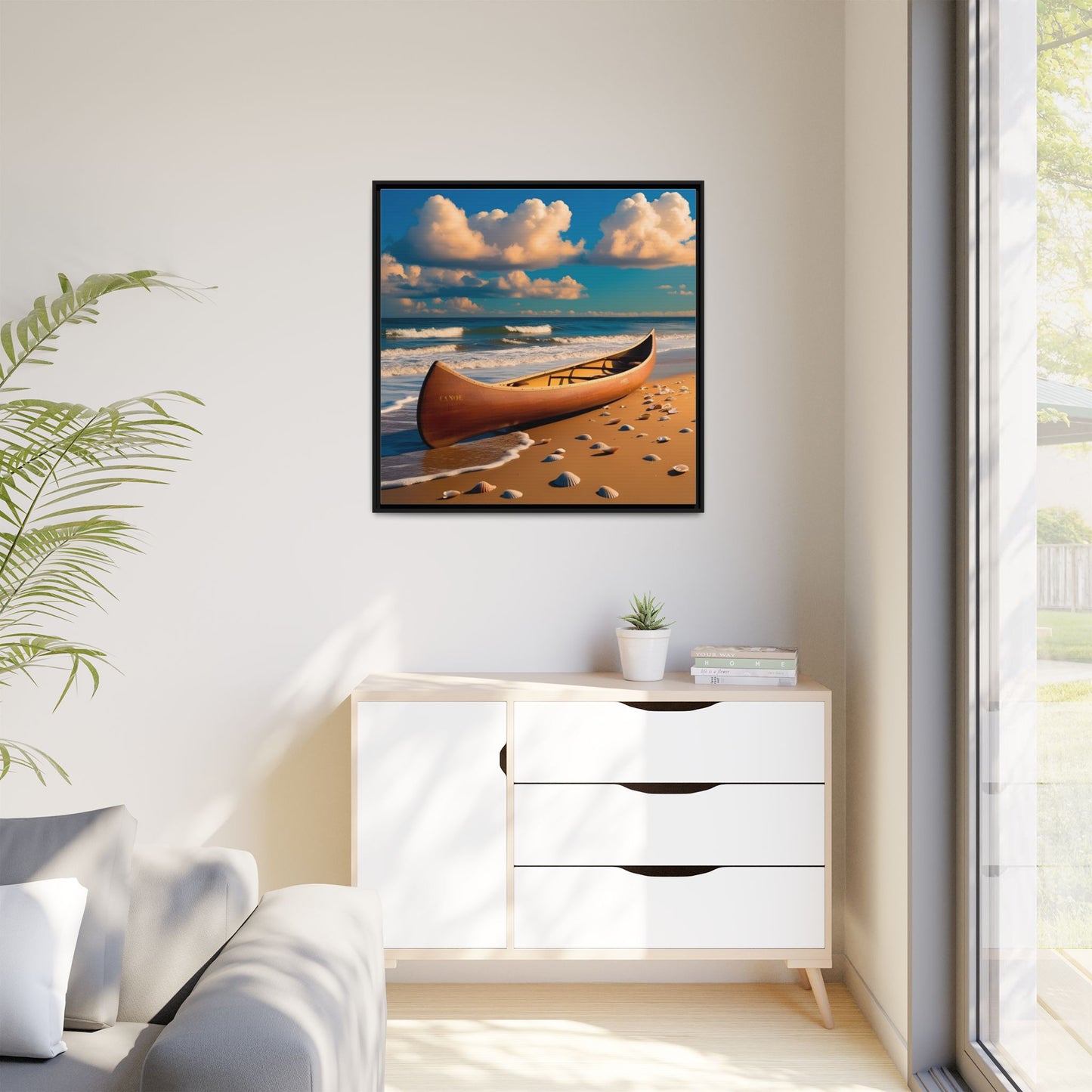 Canoe on the Beach Calm Sunny Day Framed Canvas Wall Art Beach Lover Vacation Oceanic Gift Nature Lover Peaceful Zen Gift 3 frame colors