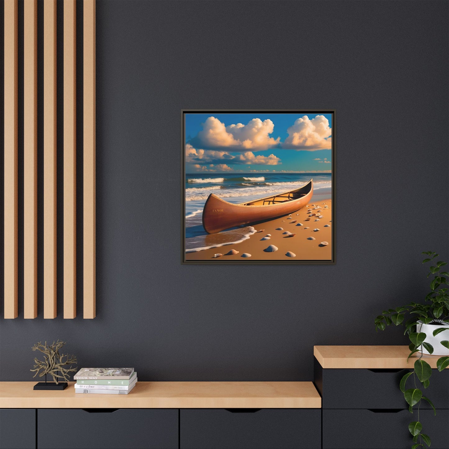 Canoe on the Beach Calm Sunny Day Framed Canvas Wall Art Beach Lover Vacation Oceanic Gift Nature Lover Peaceful Zen Gift 3 frame colors
