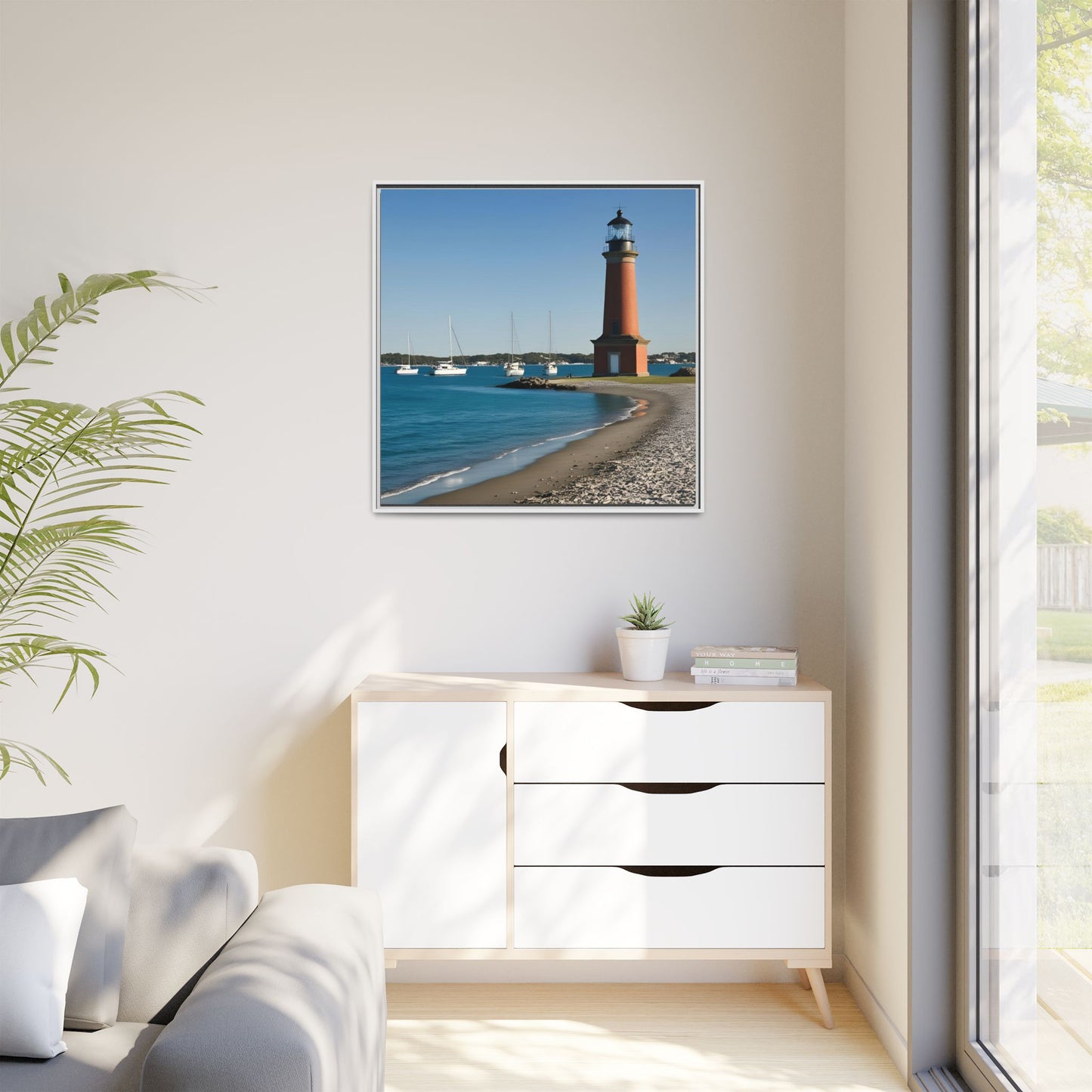 Lighthouse on the Beach Unique Framed Canvas Print Wall Art Nature Lover Gift Beachy Sailboats in the Ocean Vacation Decor 3 frame colors