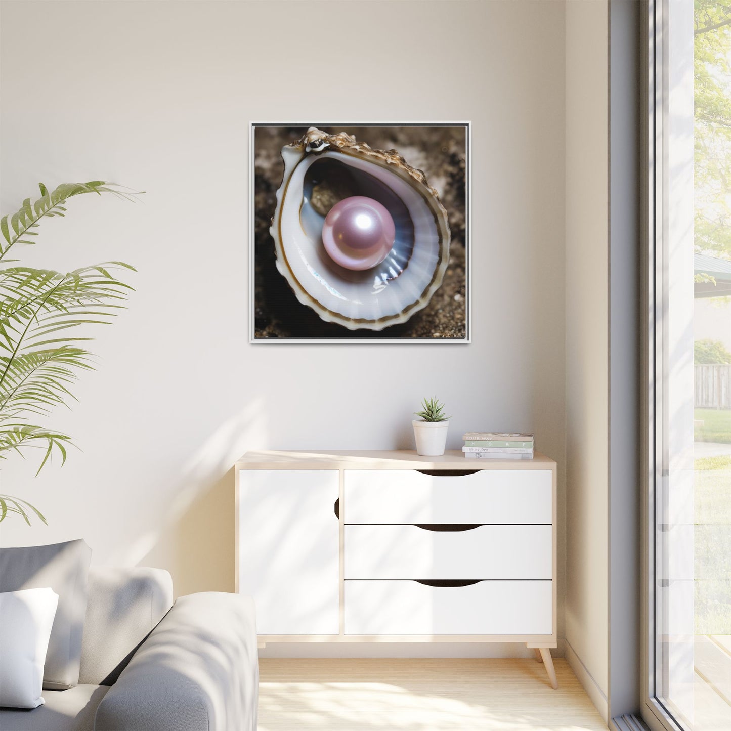 Pink Pearl in Oyster Shell Framed Canvas Wall Art Beach Lover Vacation Oceanic Gift Nature Lover Peaceful Zen Gift 3 frame colors