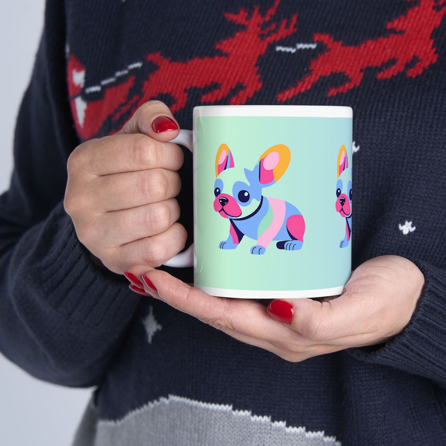 Cute Frenchie Puppy Baby Blue and Mint Green Ceramic Coffee Tea or Hot Chocolate Mug Pet Lover Gift