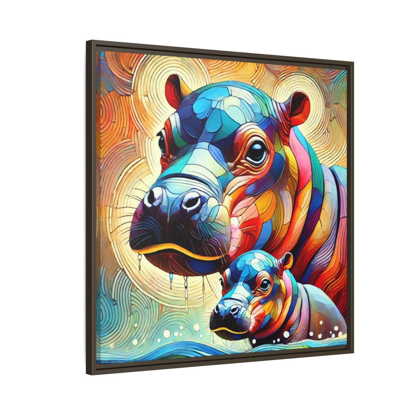 Modern Hippo Print Abstract Design Unique Framed Canvas Print Baby Hippo Wall Art Animal Lover Gift Nature Lover Decor 3 frame colors