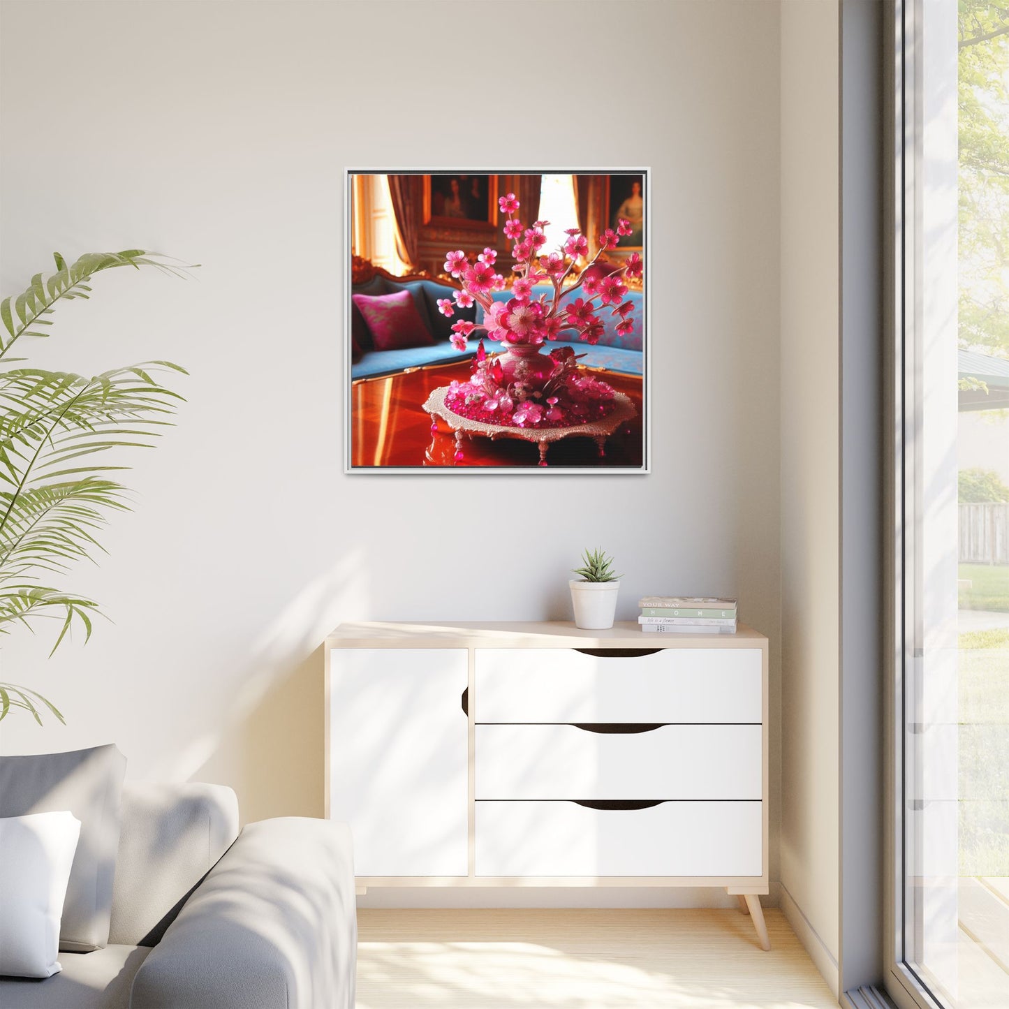 Pink Bejeweled Bonzai Tree Framed Canvas Print Wall Art Unique Nature Lover Asian Art Gift Decor 3 Frame Colors