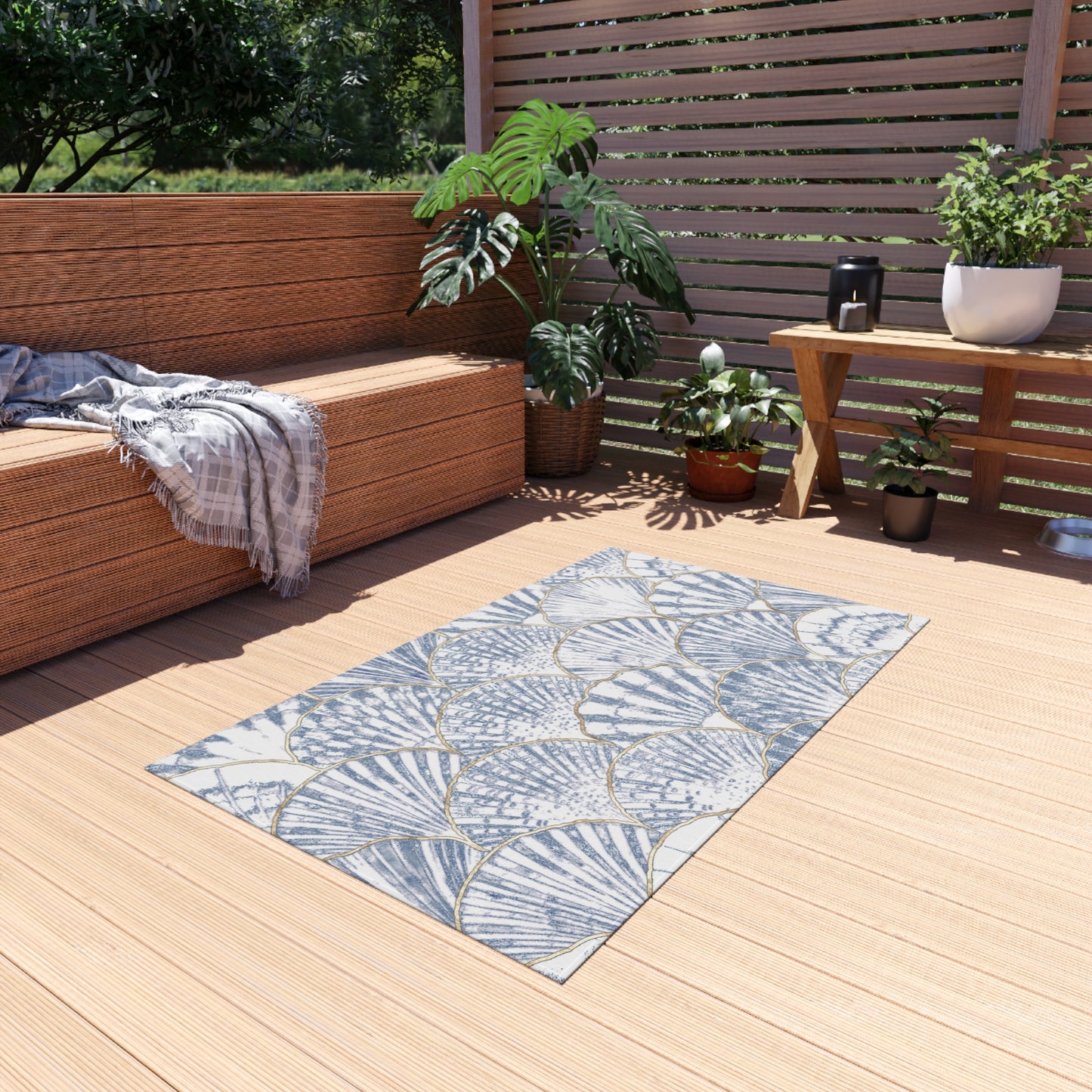 Clamshell Design Chenille Outdoor Rug with No-Skid Backing Cozy Outdoor Patio Carpet Oceanic Decor Gazebo Rug Pool Area Decor Kitchen Carpet
